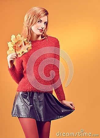 Beauty portrait redhead woman autumn leafs,vintage Stock Photo