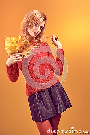 Beauty portrait redhead woman autumn leafs,vintage Stock Photo