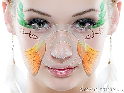 Beauty Portrait. On white background. Perfect Fresh Skin closeup with face paint. Stock Photo