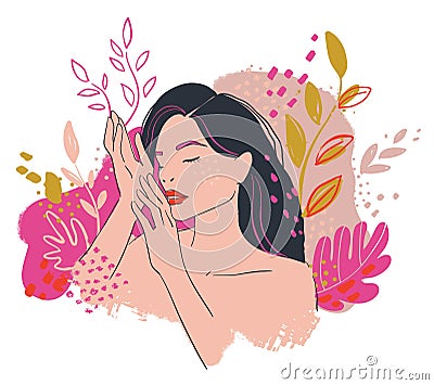 Beauty portrait, woman on the floral background fashion illustration, vector Vector Illustration