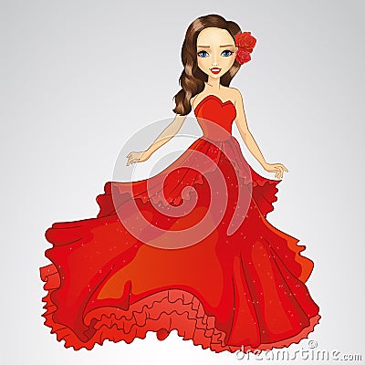 Beauty Princess In Red Dress Vector Illustration