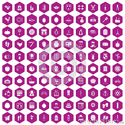 100 beauty product icons hexagon violet Vector Illustration