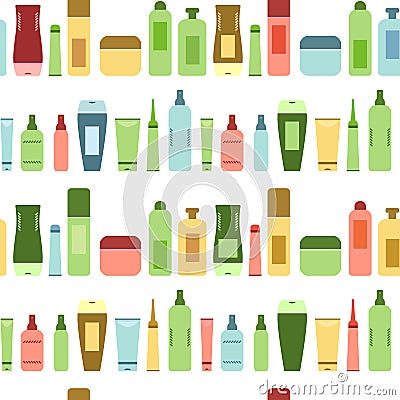 Beauty products colorful cosmetic bottles and tubes on white seamless pattern, vector Vector Illustration