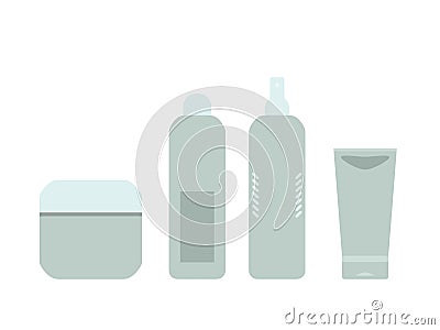 Beauty products gray and blue cosmetic bottles and tubes on white, vector frame Vector Illustration