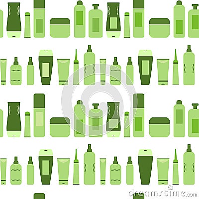 Beauty products green cosmetic bottles and tubes on white seamless pattern, vector Vector Illustration