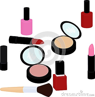 Beauty products set, lipstick, nail polish, powder, blush Vector Illustration