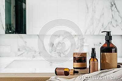Beauty products on the shelf in modern bathroom Stock Photo