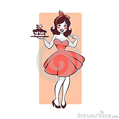 Beauty retro pinup cartoon girl holding a delicious tasty cake Vector Illustration