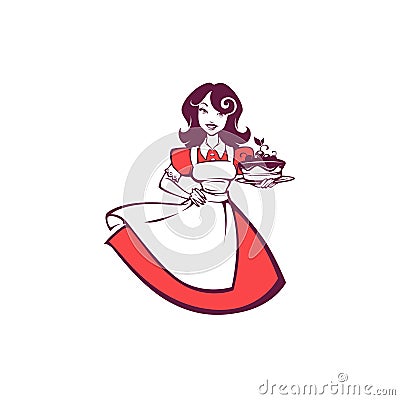 Beauty retro pinup cartoon girl holding a delicious tasty cake, for your logo, label, emblem Vector Illustration