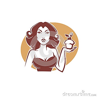 Beauty retro pinup girl holding a delicious tasty cupcake Vector Illustration