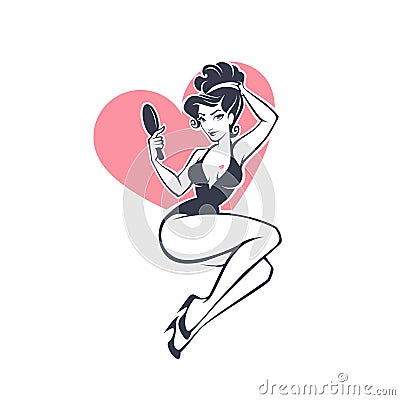 and beauty retro pinup girl holding a mirror on pink heart shape background for your logo or label design Vector Illustration