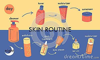 Beauty routine constructor for day and night. Skin care steps Vector Illustration