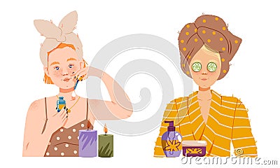 Beauty daily routine. Young women taking care of their faces with facial beauty products cartoon vector illustration Vector Illustration