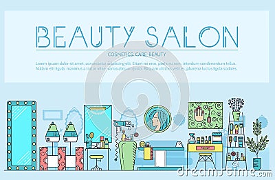 Thin line beauty salon with assortment of cosmetology and beauty design. Flat outline equipment in beauty salon vecto Vector Illustration