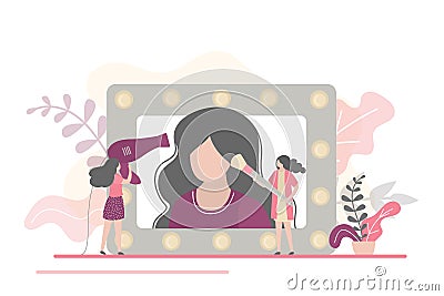 Beauty salon concept banner. Women in beauty studio making make up. Fashion and glamour girls Vector Illustration