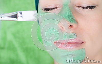 Beauty salon. Cosmetician applying facial mask at woman face. Stock Photo