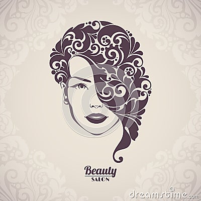 Beauty salon, cosmetics, spa logo. Beautiful elegant woman silhouette with ornamental hair. Vector Illustration