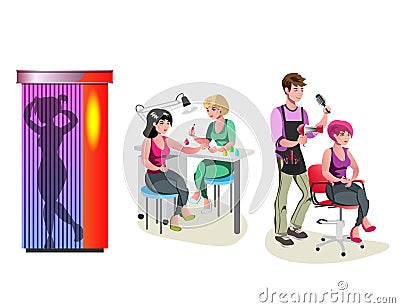 Beauty salon . Haircut, manicure and solarium. Vector Illustration