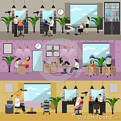 Beauty salon interior vector concept banners. Haircut, manicure and make up atelier. Women spa, beauty studio Vector Illustration