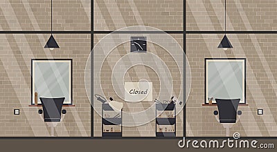 Beauty salon in the loft style is closed during epidemic of virus: against a brick wall there are hairdressers ` workplaces .The Vector Illustration