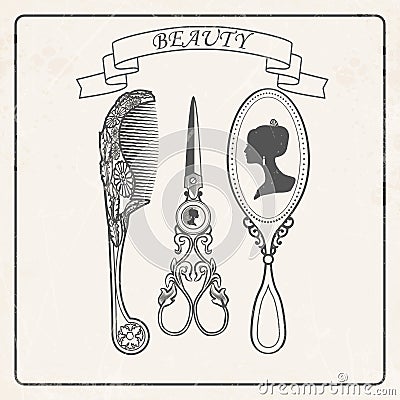 Beauty salon. mirror, comb, scissors.vector illustration Vector Illustration