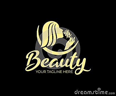 Beauty salon and beauty spa, woman sniffing flower, logo design. Cosmetics, peeling, makeup and fashion, vector design Vector Illustration