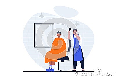 Beauty salon web concept with character scene. Man getting haircut and hair styling from barber in barbershop. People situation in Vector Illustration