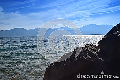 The beauty of the sea and nature on a rocky beach Stock Photo