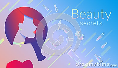 Beauty secrets commercial promo banner design with female face and makeup elements and symbols Vector Illustration