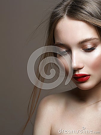 Beauty sensual girl with red lips make-up Stock Photo