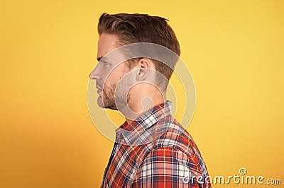 Beauty services. Unshaven man. Clothing fashion trend. Barbershop salon. Man in casual shirt side view. Handsome guy Stock Photo