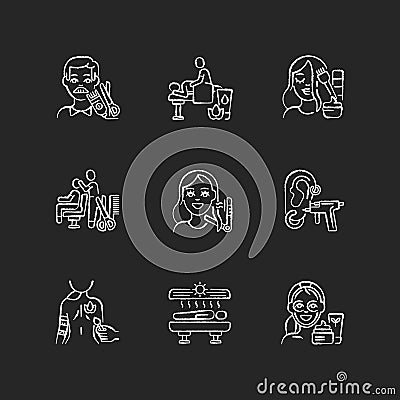 Beauty shop chalk white icons set on black background Vector Illustration