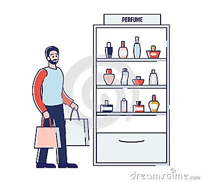 Beauty Shop Concept. Cartoon Male Character Is Buying Perfumes On Gift For Girlfriend Or Wife In Perfume Division Vector Illustration