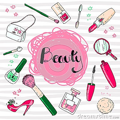 Beauty sketch background. Hand drawn doodle vector illustration Vector Illustration