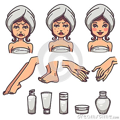 Beauty, skin care and body treatment, skin problems and beauty p Vector Illustration