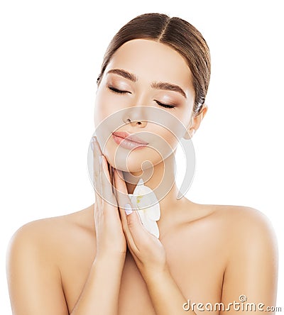 Beauty Skin Care Face and Neck, Woman Natural Make Up, White Stock Photo