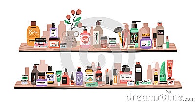 Beauty and skincare cosmetic products, decorative cosmetics, makeup items, perfumery and toiletries in bottles and tubes Vector Illustration