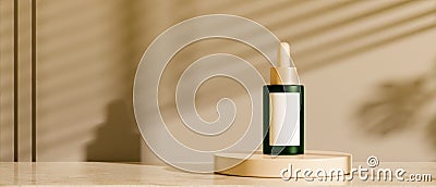 Beauty skincare packaging, Droplet bottle on a pedestal on a minimal beige background Cartoon Illustration