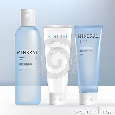 Vector Beauty or Skincare Transparent Cream, Shampoo, Gel or Cream Bottle and Tube Bundle. White and Water Blue Colors Vector Illustration