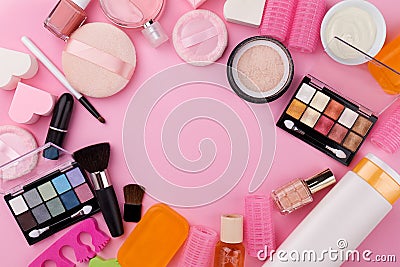 Beauty Spa Feminine Concept. Different Make Up Beauty Care Essen Stock Photo