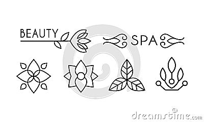 Beauty and spa logo design, linear label with floral elements for hair, spa salon, organic cosmetics vector Illustration Vector Illustration