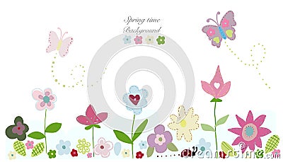 Beauty spring flowers, butterfly cute flowers. Spring time background Vector Illustration