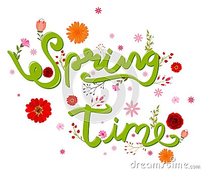 Beauty spring text with colorful flower Vector Illustration
