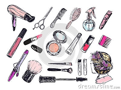 Beauty store collection with make up artist and hairdressing objects: lipstick, cream, brush. Template Vector. Hand drawn Vector Illustration