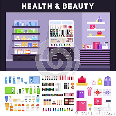 Beauty store with cosmetics on the shelves Vector Illustration