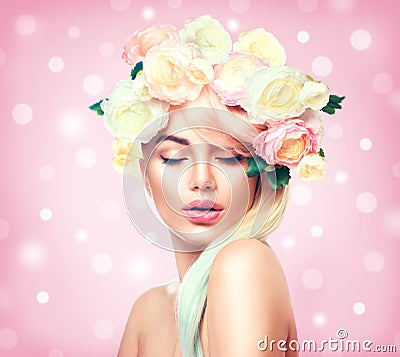 Beauty summer model girl with colorful flowers wreath Stock Photo