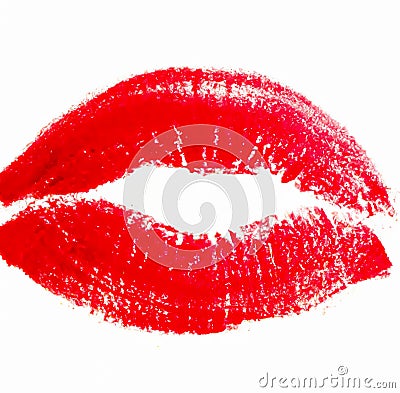Beauty swatch and cosmetics texture, romantic feminine red lipstick kiss sample isolated on white background, generative Stock Photo