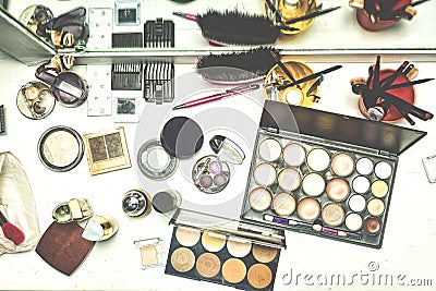 Beauty table with various cosmetics for make-up Stock Photo