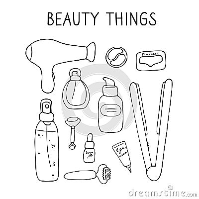 Beauty things. Products, cosmetics, tools, devices for beauty. Skin, body and hair care. Vector hand drawn illustration Vector Illustration