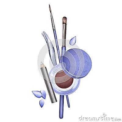 Beauty tools for eyebrow shaping. Hair thinning with tweezers, eyebrow tinting. Facial hair removal. Watercolor Cartoon Illustration